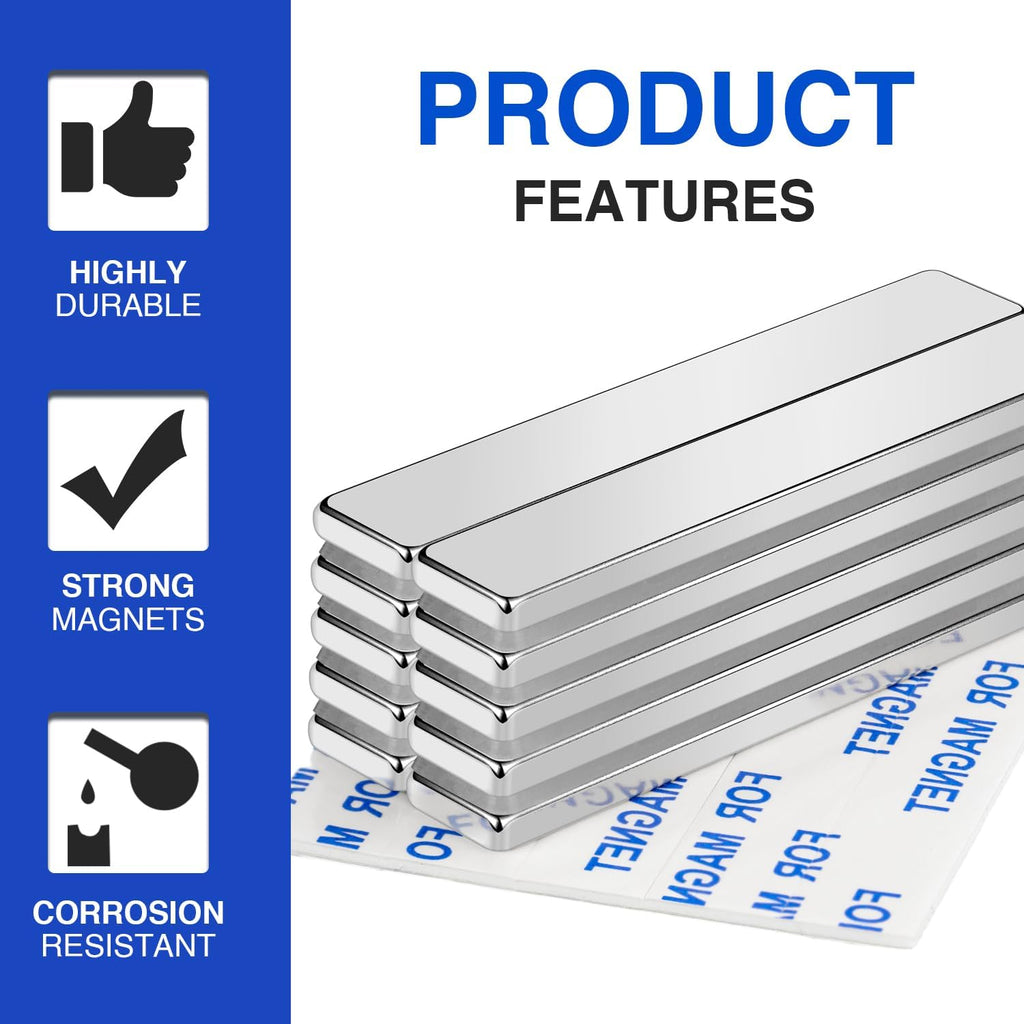 MIKEDE 6Pcs Neodymium Magnets with Adhesive Backing 60x10x3mm Silver