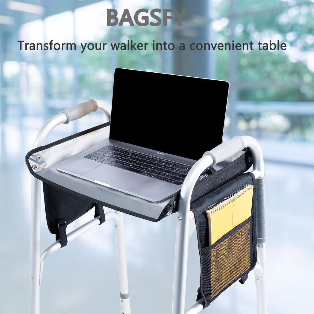 BAGSFY Walker Tray w/Side Pocket for Folding Walkers – Walker Accessory for Seniors with Cup Holder, Non-Slip Mat, and Easy Installation – Universal Fit Walker Table for Meals, Drinks, Reading