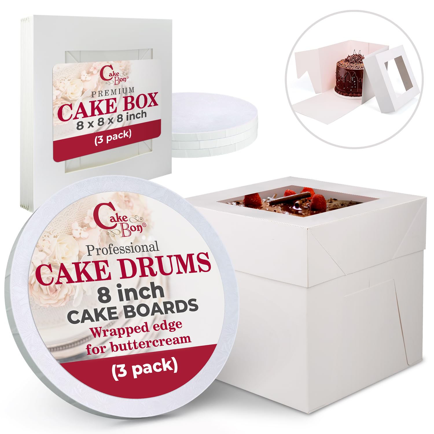 Cakebon Cake Boxes with Drums - 8 Inch Round White Cake Boards/Base para Pasteles (3-Pack) - Caja para Pasteles with Window for Birthdays, Weddings and Parties