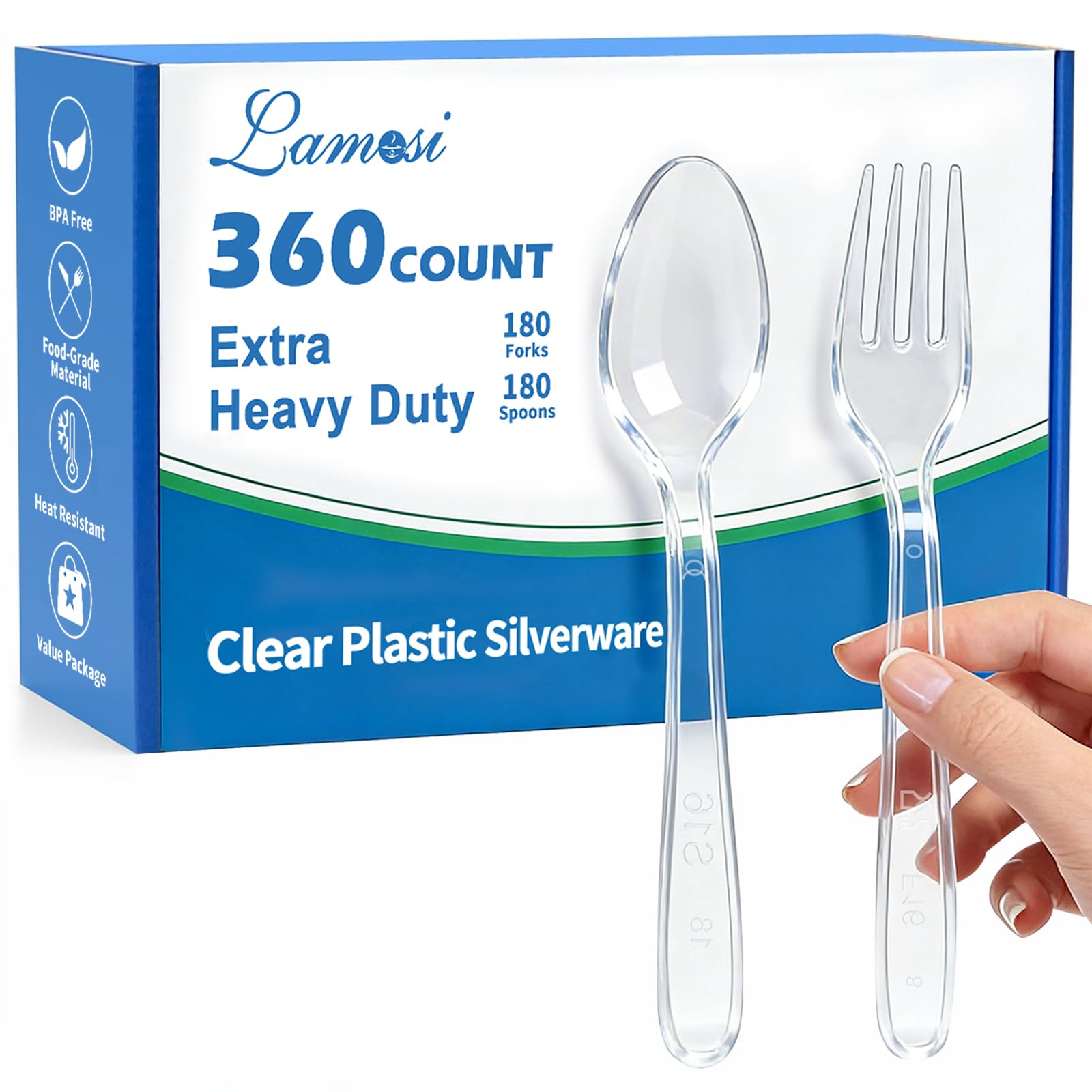 Lamosi 360 Count Extra Heavy Duty Clear Plastic Forks and Spoons, 180 Forks, 180 Spoons, Disposable Plastic Silverware BPA-Free, Heat Resistant for Wedding Party Supplies