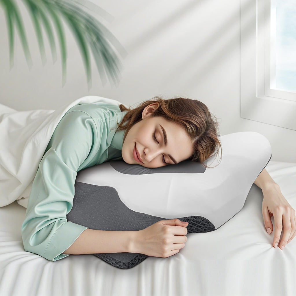 TranquilMoments Cervical Neck Pillow for Sleeping, Memory Foam Pillow for Neck Support, Ergonomic Pillow for Pain Relief, Contour Bed Pillow for Side Back Stomach Sleepers, Grey, Queen Size