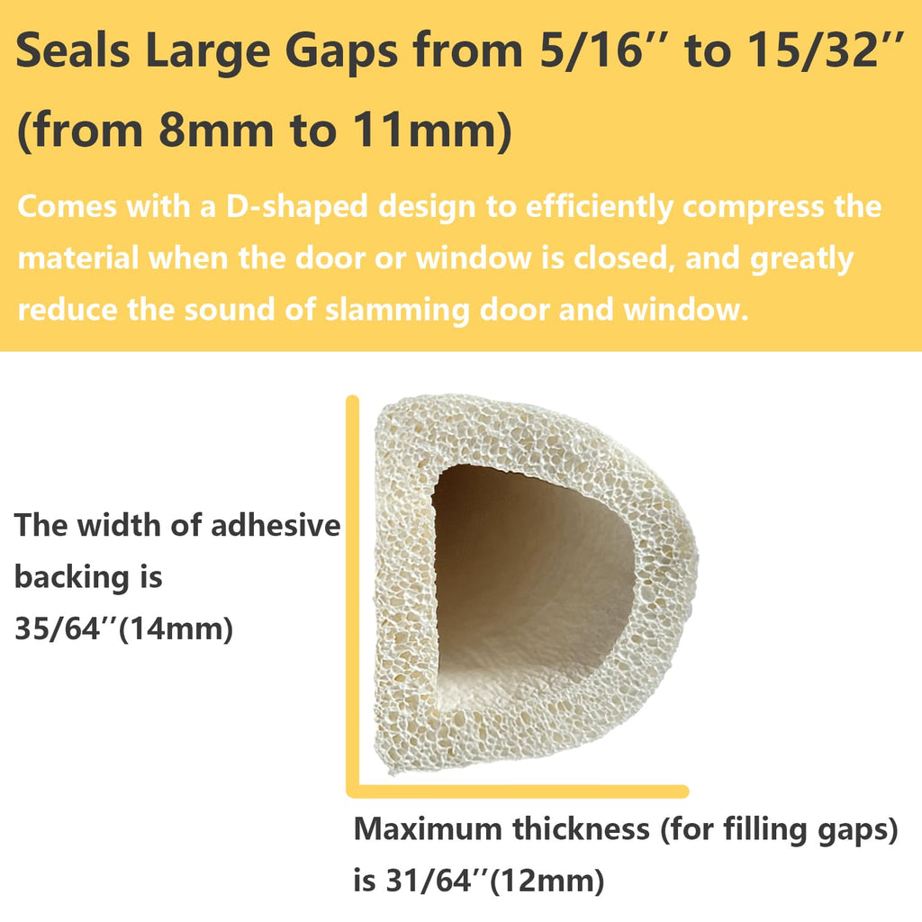 VITAM AMO Weather Stripping Seal Strip for Doors Windows 18 Feet, Self-Adhesive Backing Seals Large Gap (from 5/16 inch to 15/32 inch), Easy Cut to Size