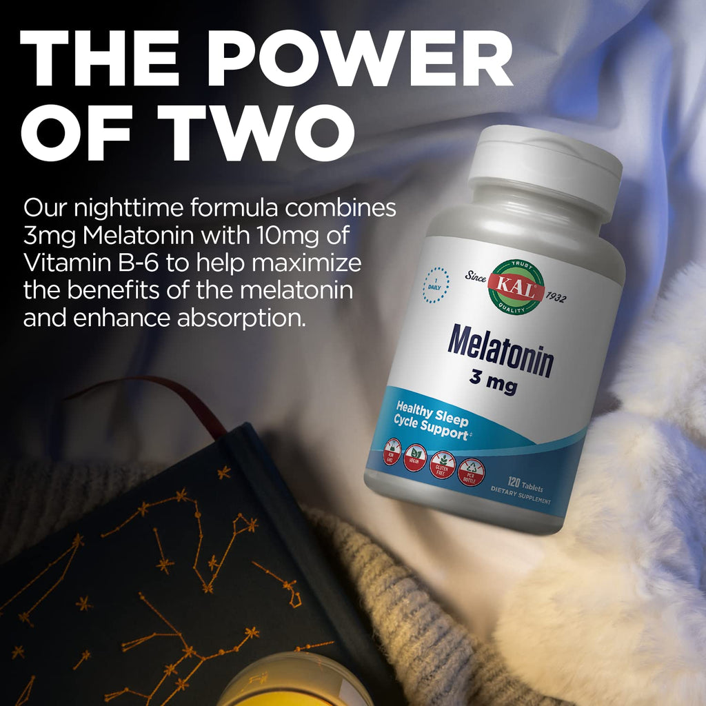 KAL Melatonin 3mg Sleep Aid, Fast Dissolve Tablets, Calming Relaxation and Healthy Sleep Cycle Support, with Added Vitamin B6, Vegan, Gluten Free, Non-GMO, 120 Servings, 120 ActivTabs