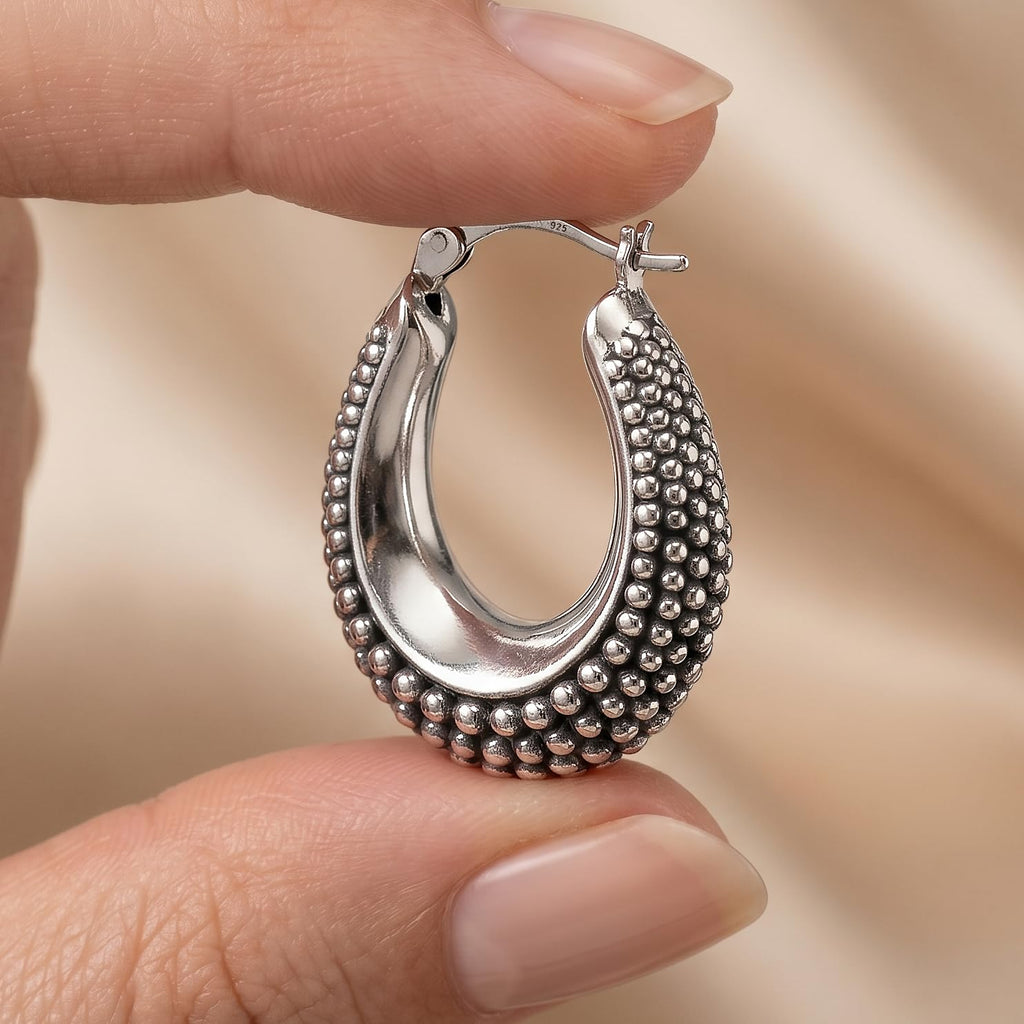 LeCalla 925 Sterling Silver Caviar Hoop Earrings Medium Oval Antique Oxidized Lightweight Click-Top Beaded Hoops for Women - 27MM