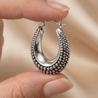 LeCalla 925 Sterling Silver Caviar Hoop Earrings Medium Oval Antique Oxidized Lightweight Click-Top Beaded Hoops for Women - 27MM