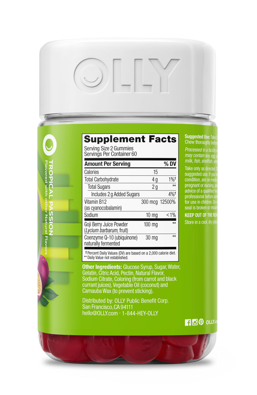 OLLY Daily Energy Gummy, Caffeine Free Cellular Energy Production,* Vitamin B12, CoQ10, Goji Berry, Adult Chewable Supplement, Tropical Passion Flavored, 60 Day Supply - 120 Count
