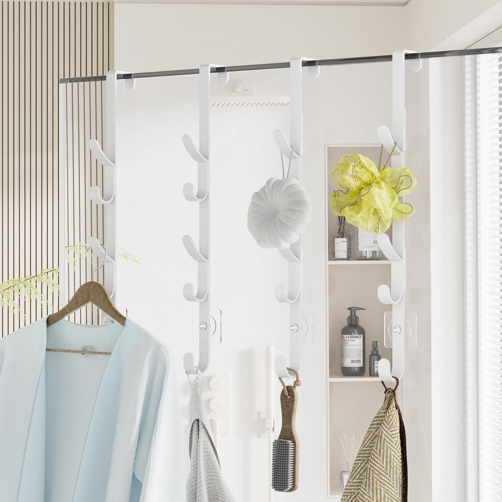 Kaiferty Over the Door Hooks, Metal Door Hooks for Hanging, Over the Door Purse Organizer for Coat Hanger, Back of Shower Door for Hanging Towel Rack Clothes, Hat, Bathroom, Closet (White-4Packs)