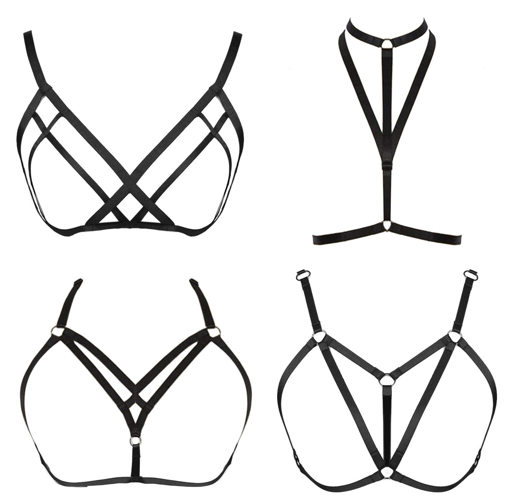 FIBO STEEL 4 PCS Black Strappy Cage Bra Sexy Bra Harness for Women