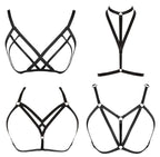 FIBO STEEL 4 PCS Black Strappy Cage Bra Sexy Bra Harness for Women