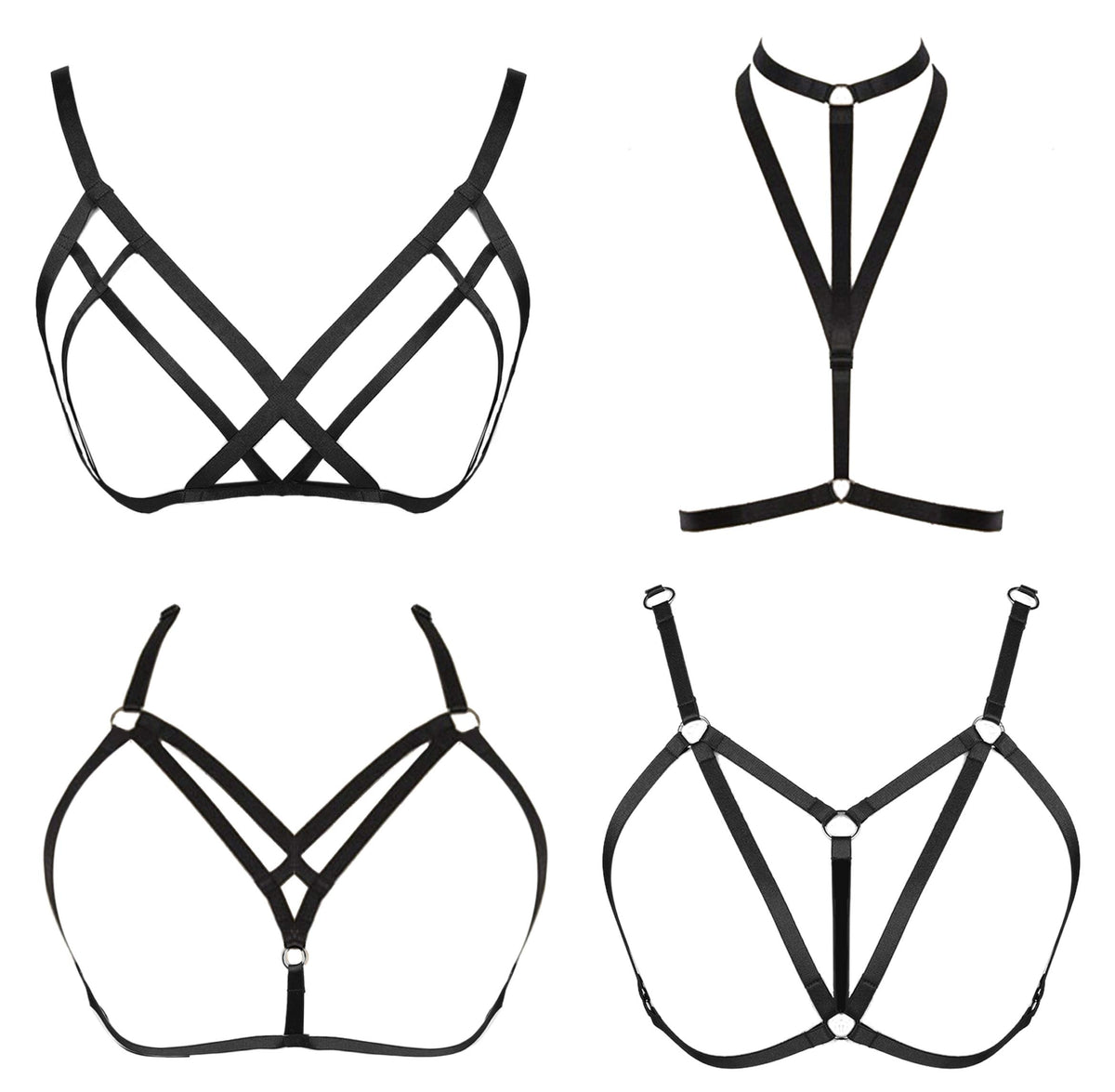 FIBO STEEL 4 PCS Black Strappy Cage Bra Sexy Bra Harness for Women