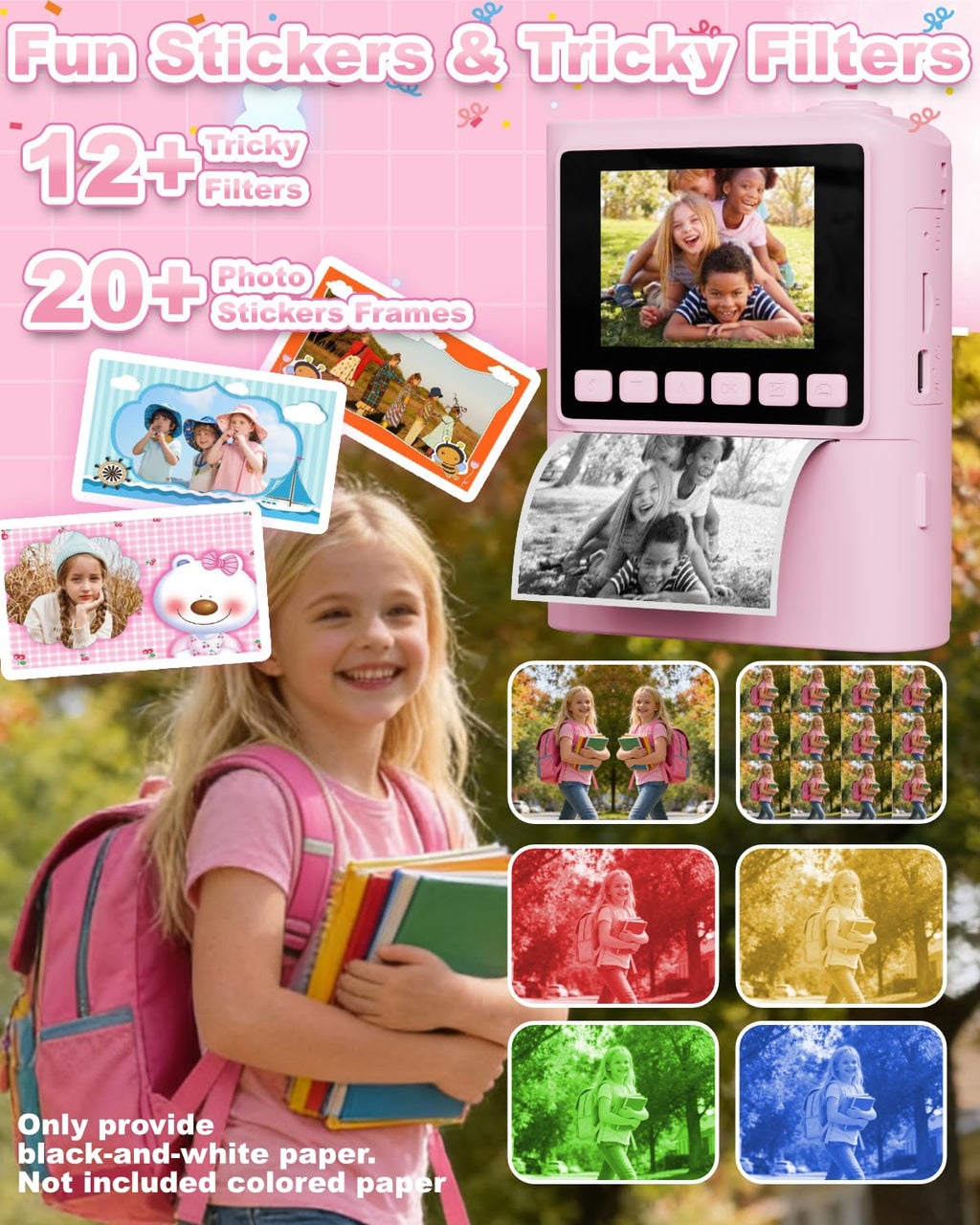 Instant Print Camera for Kids, 1080P Instant Digital Print Cameras for Toddler, Portable Toy for 4 5 6 7 8 9 10 Year Old Girl, Christmas Birthday Gifts for Girls Boys with SD Card Pink