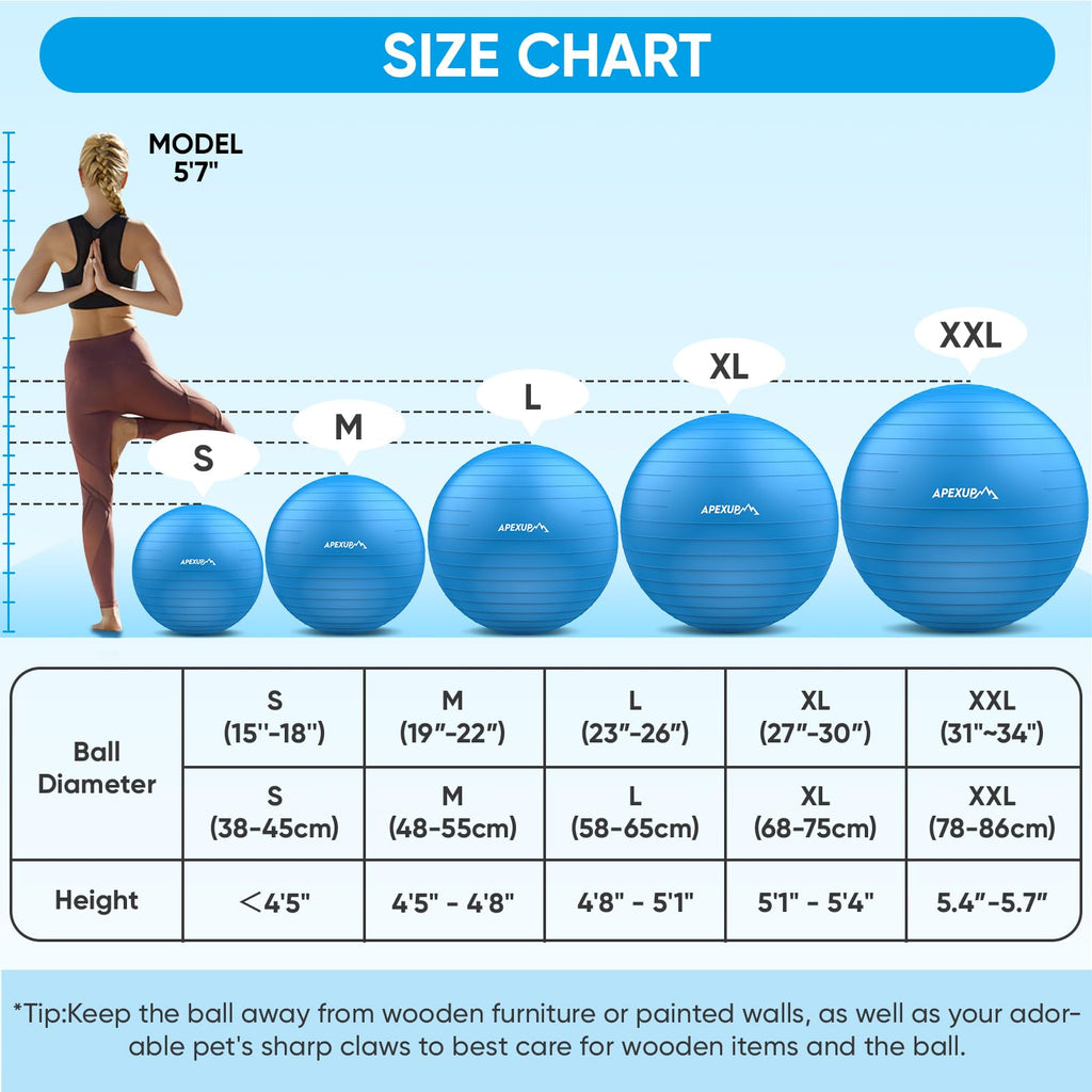 APEXUP Yoga Ball Exercise Ball, Anti Slip Stability Ball Chair, Heavy Duty Large Gym Ball for Fitness, Balance, Core Workout and Physical Therapy (S (15"~18") 45cm, Blue)