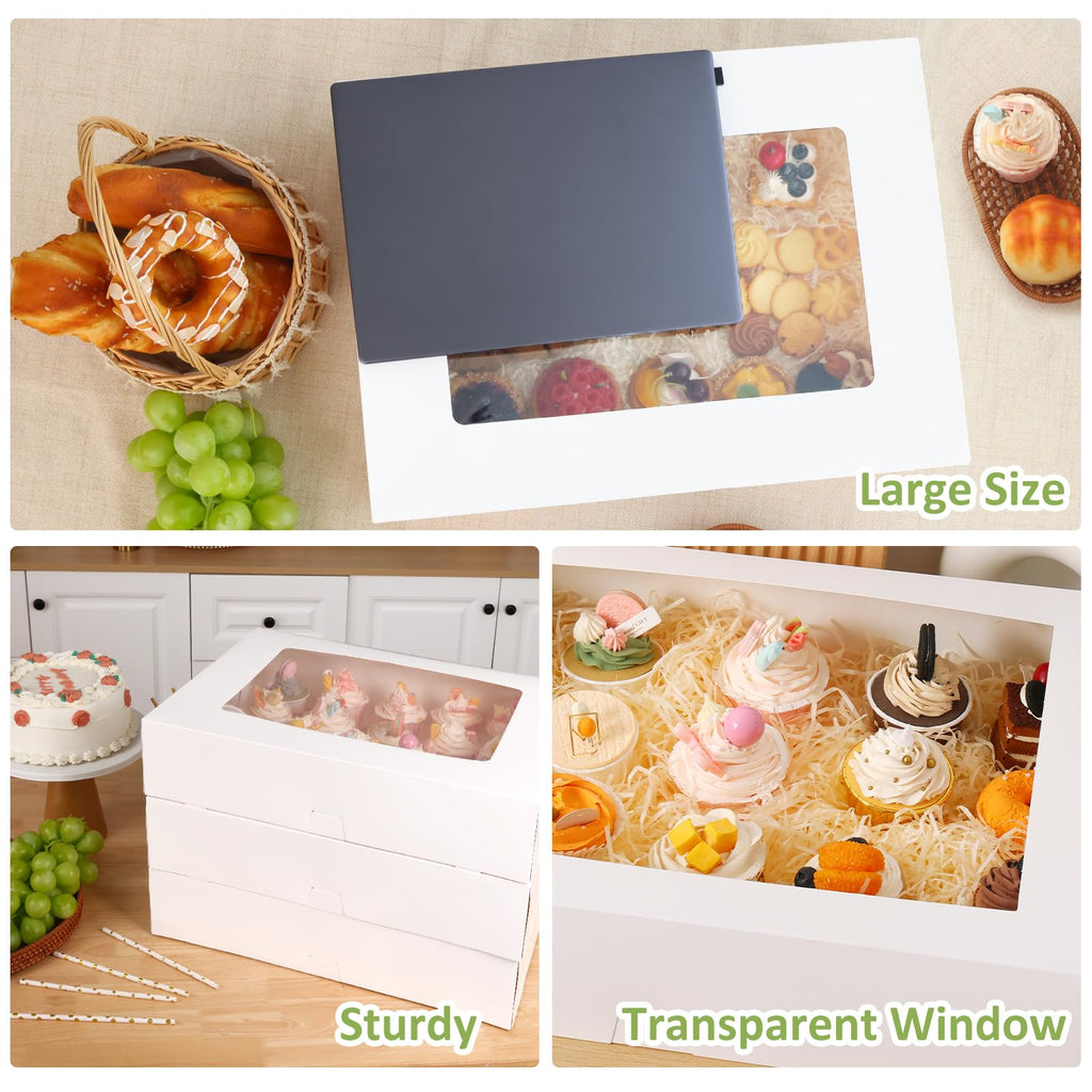 Moretoes 10pcs 19x14x4in Half Sheet Cake Boxes with Window, White Cookie Boxes, for Pastry Baking Cake Donuts Cupcake Pie Packaging For Graduation