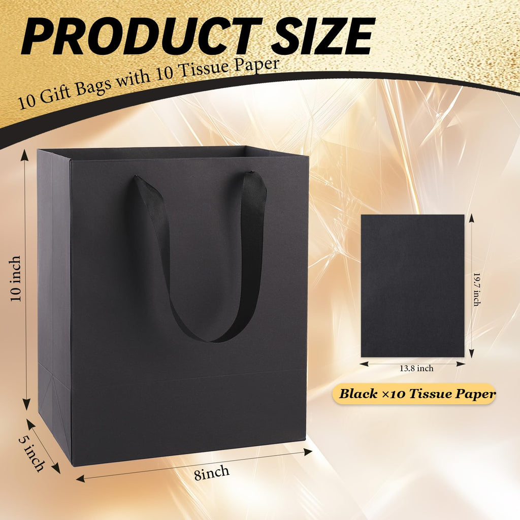 Addblu 10Pack Black Gift Bags with Handles, Medium Size 8x5x10 Inches - Includes 10 Tissue Papers for Birthday Party, Wedding, Baby Shower & Christmas (Small - 10Pcs)