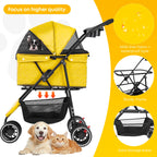 Pet Stroller,Dog Stroller for Small Medium Dogs Cats,3 Wheels,Foldable,with Breathable Mesh Canopy,Cup Holders,Easy Assembly,Yellow