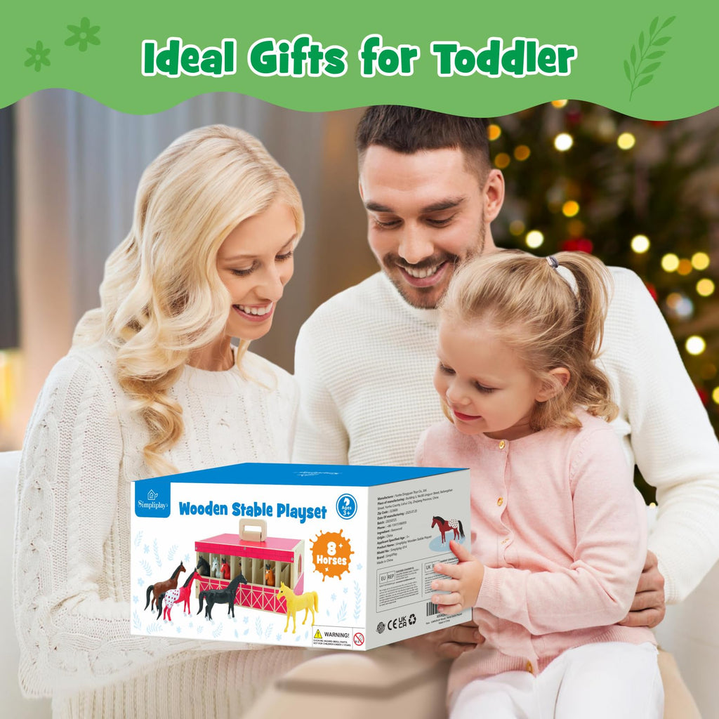 SIMPLIPLAY Wooden Horse Stable Playset, Farm Animals Toys for Kids 3-5