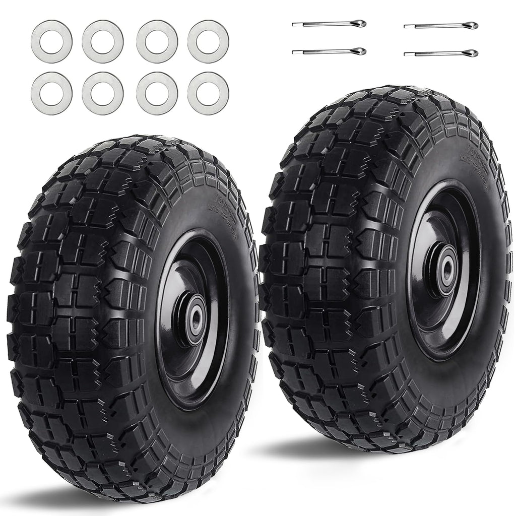 Kavedodu 12'' Flat Free Tires Rubber Replacement Solid Tire and Wheel Assemblies for Hand Trucks Garden Cart Wheelbarrow - 3.5”Wide Polyurethane Tires 2.1 Hub with 5/8 Inch Axle Borehole (410/350-6)