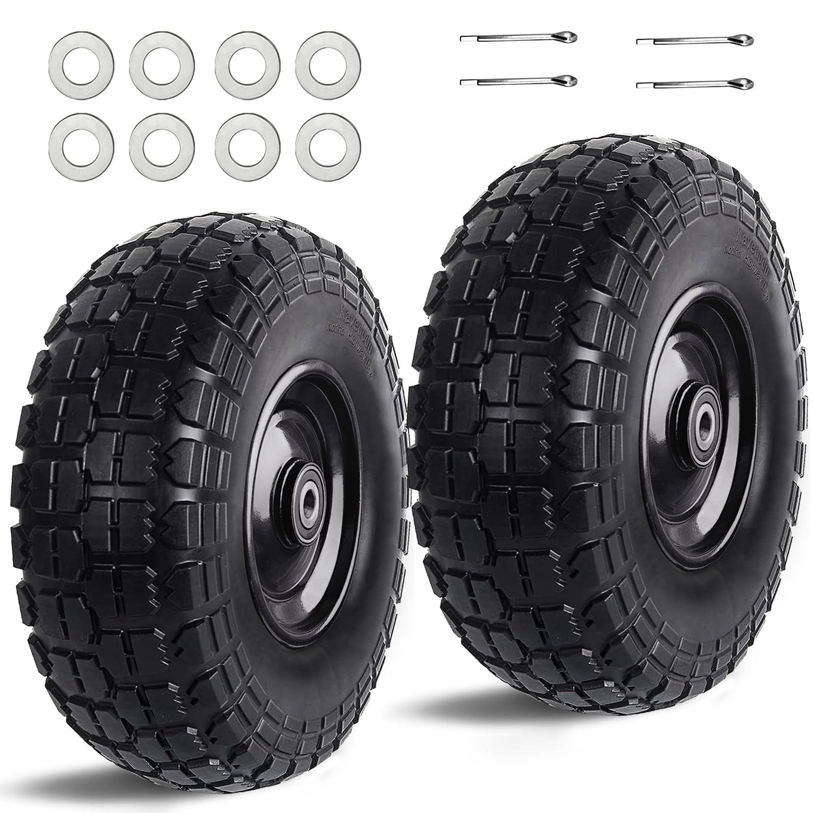 Kavedodu 12'' Flat Free Tires Rubber Replacement Solid Tire and Wheel Assemblies for Hand Trucks Garden Cart Wheelbarrow - 3.5”Wide Polyurethane Tires 2.1 Hub with 5/8 Inch Axle Borehole (410/350-6)