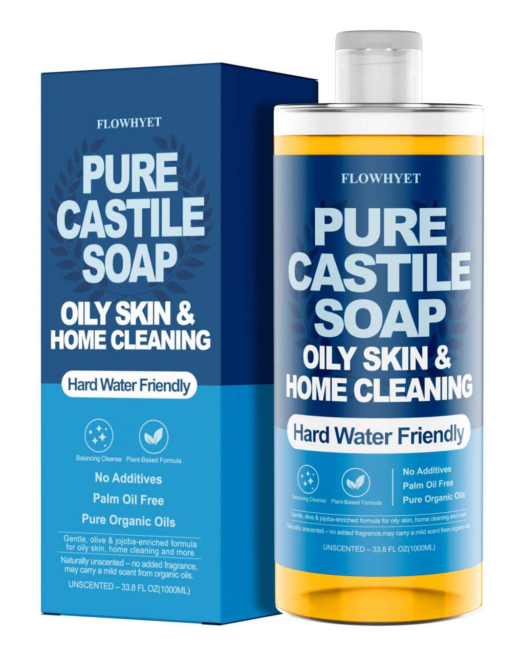 FLOWHYET Pure Castile Soap Liquid Unscented 33.8 fl oz, EWG Verified Organic Body Wash，Bath Soap Castile Liquid, Hard Water Friendly for Sensitive & Oily Skin for Body，Face, Hand, Home Cleaner 1L