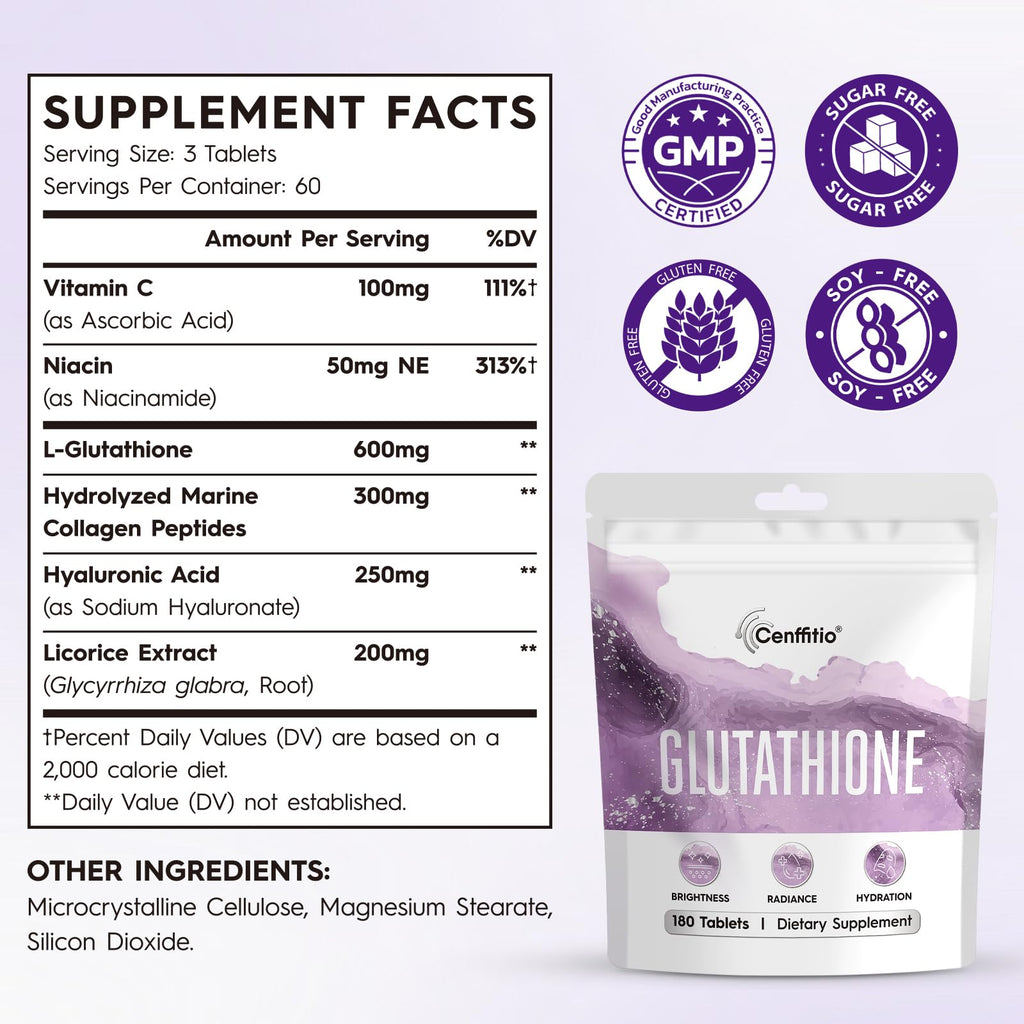 Cenffitio Glutathione Supplement – Skin Brightening Formula with Vitamin C, Niacinamide, Licorice Extract, Collagen & Hyaluronic Acid – for Skin Brightness, Radiance & Hydration – 180 Tablets