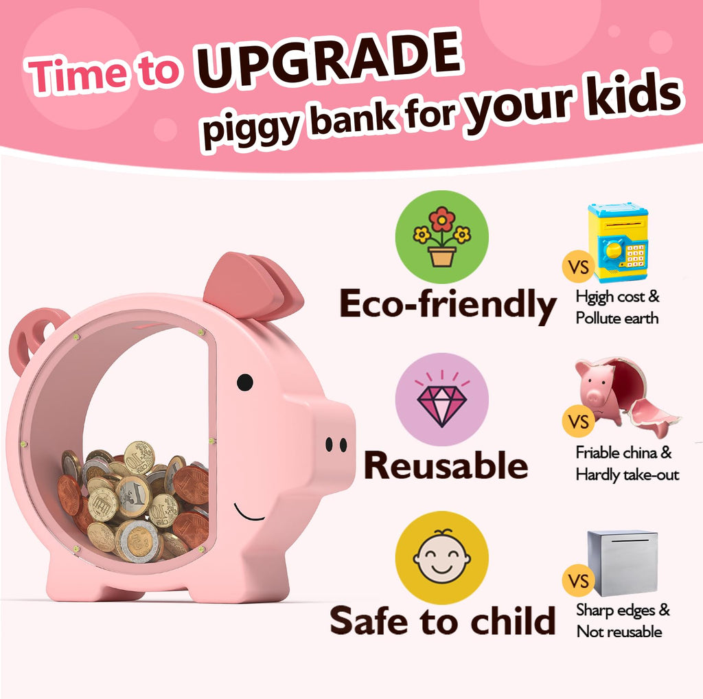 Summidate Pink Piggy Bank for Kids Girls,Large Wooden Pig Money Banks