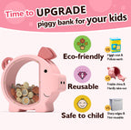 Summidate Pink Piggy Bank for Kids Girls,Large Wooden Pig Money Banks