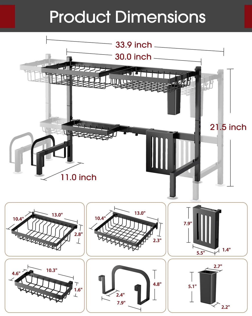 Sakugi 2-Tier Over the Sink Dish Drying Rack, 30"-33.9" L, Black
