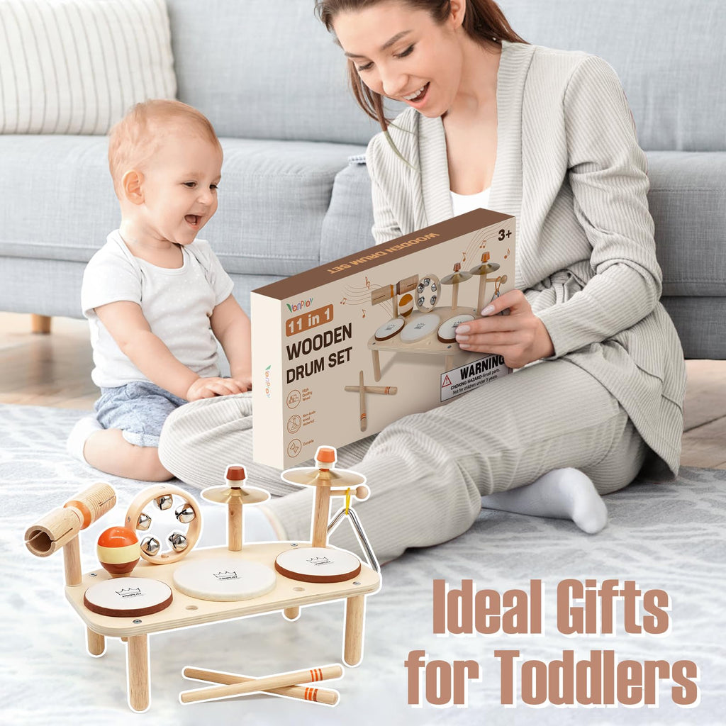 Kids Drum Set - Montessori Toys for 2 Year Old Boy Girl Birthday Gifts, 11 in 1 Wooden Musical Instruments for Toddlers 2-3, Musical Activity Table Preschool Learning Toys for Baby 18+ Months