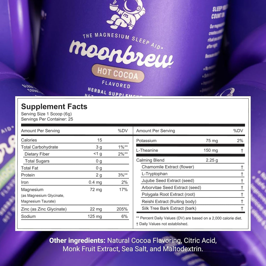 MoonBrew Nighttime Magnesium Hot Cocoa, Natural Sleep Aid Drink Mix for Adults, 3-Pack - Calming Melatonin-Free Sleep Support - Sleepy Hot Chocolate Powder with L-Theanine, Chamomile & Zinc Glycinate