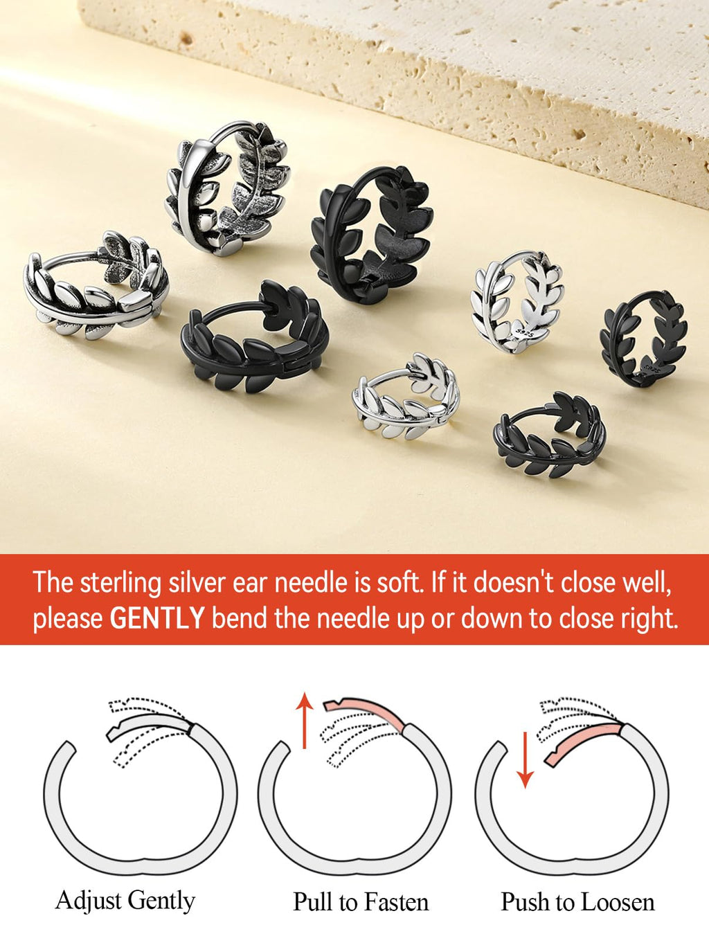 FaithHeart Small Black Leaf Hoop Earrings for Women, Black Stainless Steel Huggie Hoops Earrings Lightweight Hypoallergenic Jewelry for Sensitive Ears