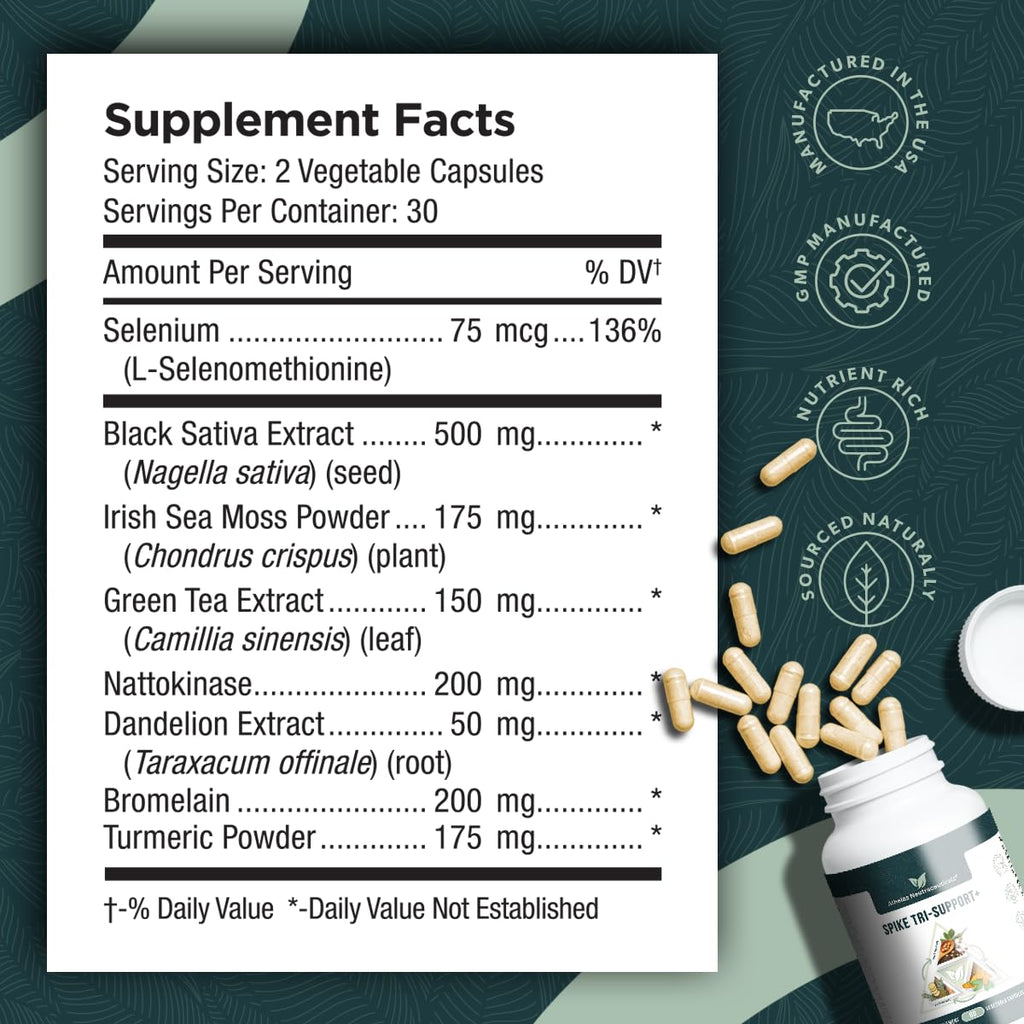 Spike Tri-Support+ with Nattokinase, Bromelain, and Turmeric - Includes Dandelion Extract, Black Seed Extract, Green Tea Leaf, Selenium for A Full Spectrum Spike Support Supplement