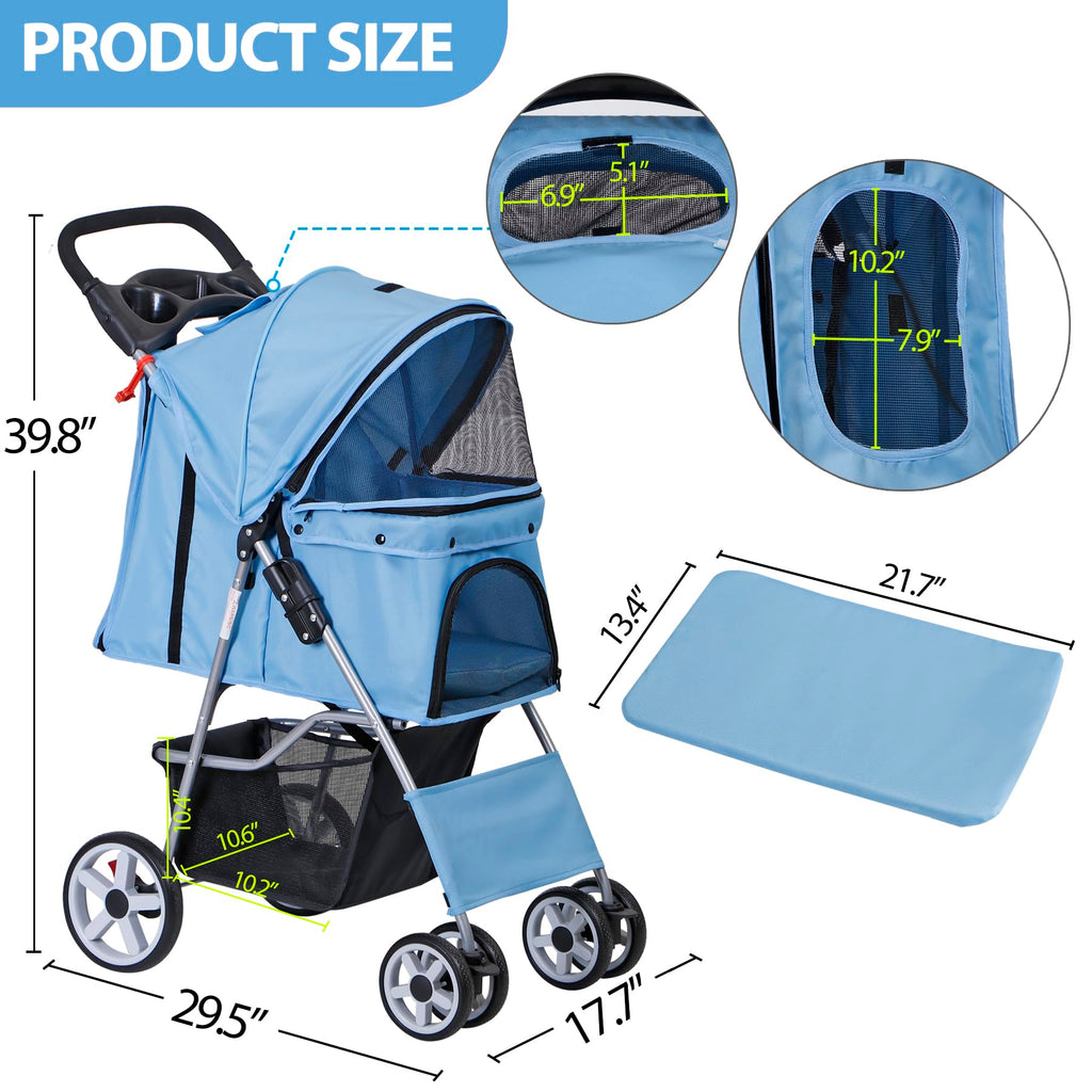 ZENY Foldable Pet Stroller, Cat/Dog Stroller with 4 Wheel, Pet Travel Carrier Strolling Cart with Storage Basket, Cup Holder (Blue)