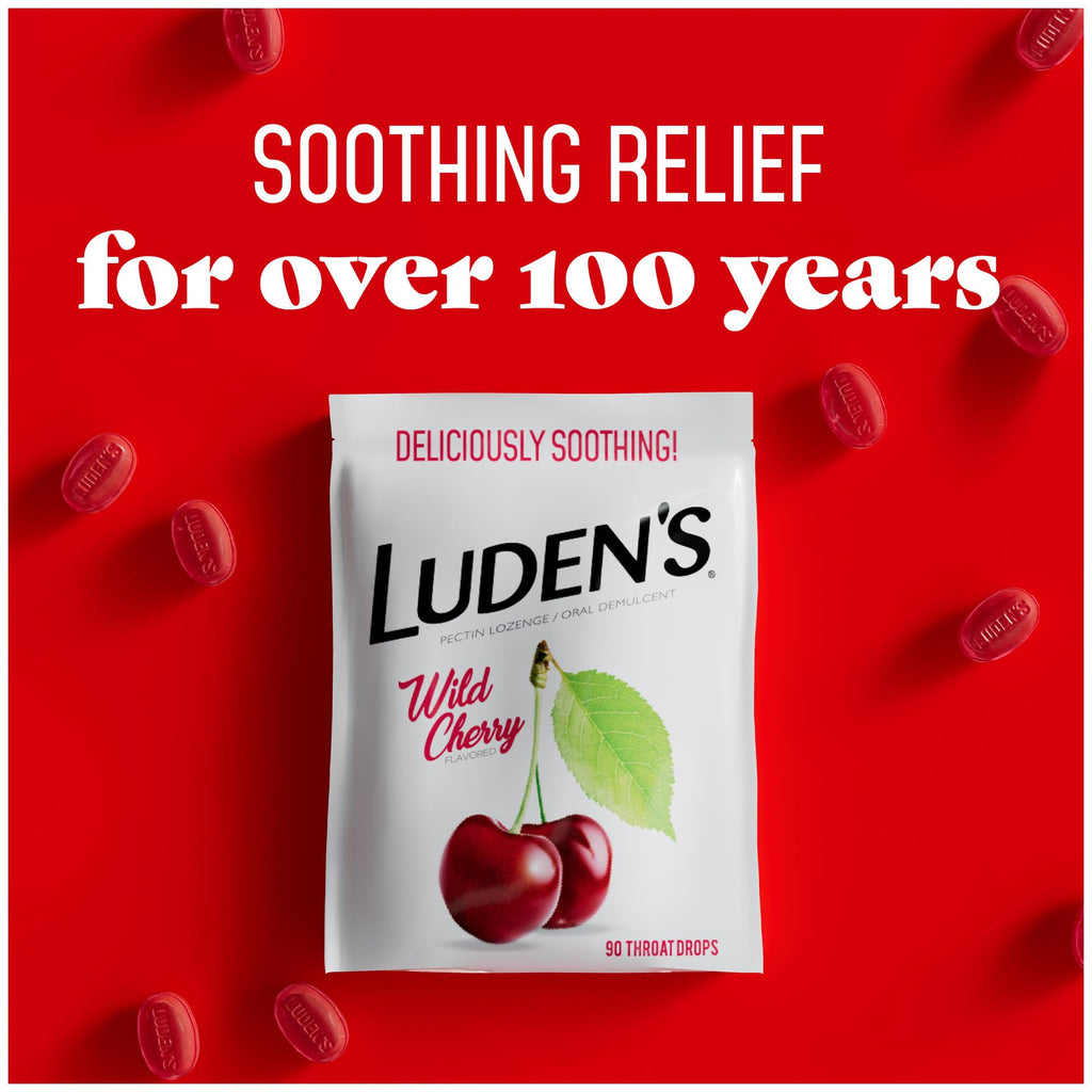 Luden's Sore Throat Relief Lozenges for Minor Everyday Irritation & Dry Mouth, Wild Cherry Flavored Drops, 90 Count, Pack of 2
