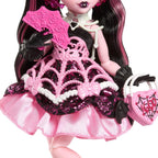 Monster High Scary Sweet Birthday Doll, Draculaura in Pink Party Dress with Themed Accessories Like Invite, Balloon, Gift, Fan and More