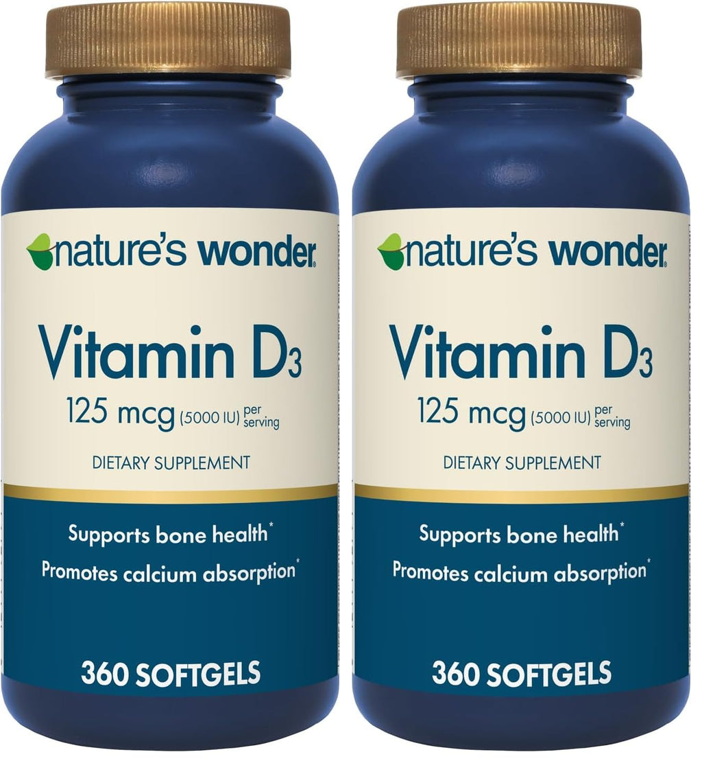 Nature's Wonder Vitamin D3 5000iu (125mcg) High Potency, Dietary Supplement to Support Bone Health and Immune System, Gluten Free, 360 Softgels, 1 Year Supply (Pack of 2)