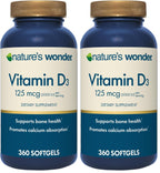 Nature's Wonder Vitamin D3 5000iu (125mcg) High Potency, Dietary Supplement to Support Bone Health and Immune System, Gluten Free, 360 Softgels, 1 Year Supply (Pack of 2)