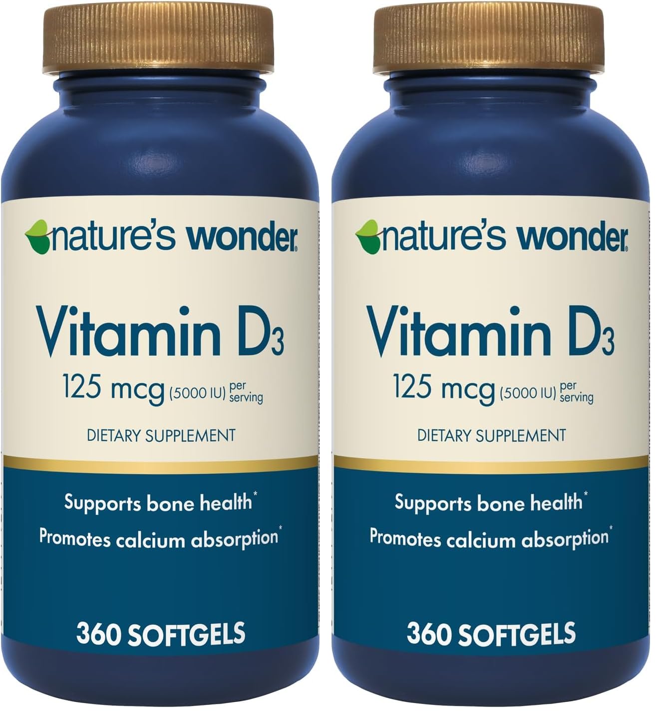 Nature's Wonder Vitamin D3 5000iu (125mcg) High Potency, Dietary Supplement to Support Bone Health and Immune System, Gluten Free, 360 Softgels, 1 Year Supply (Pack of 2)