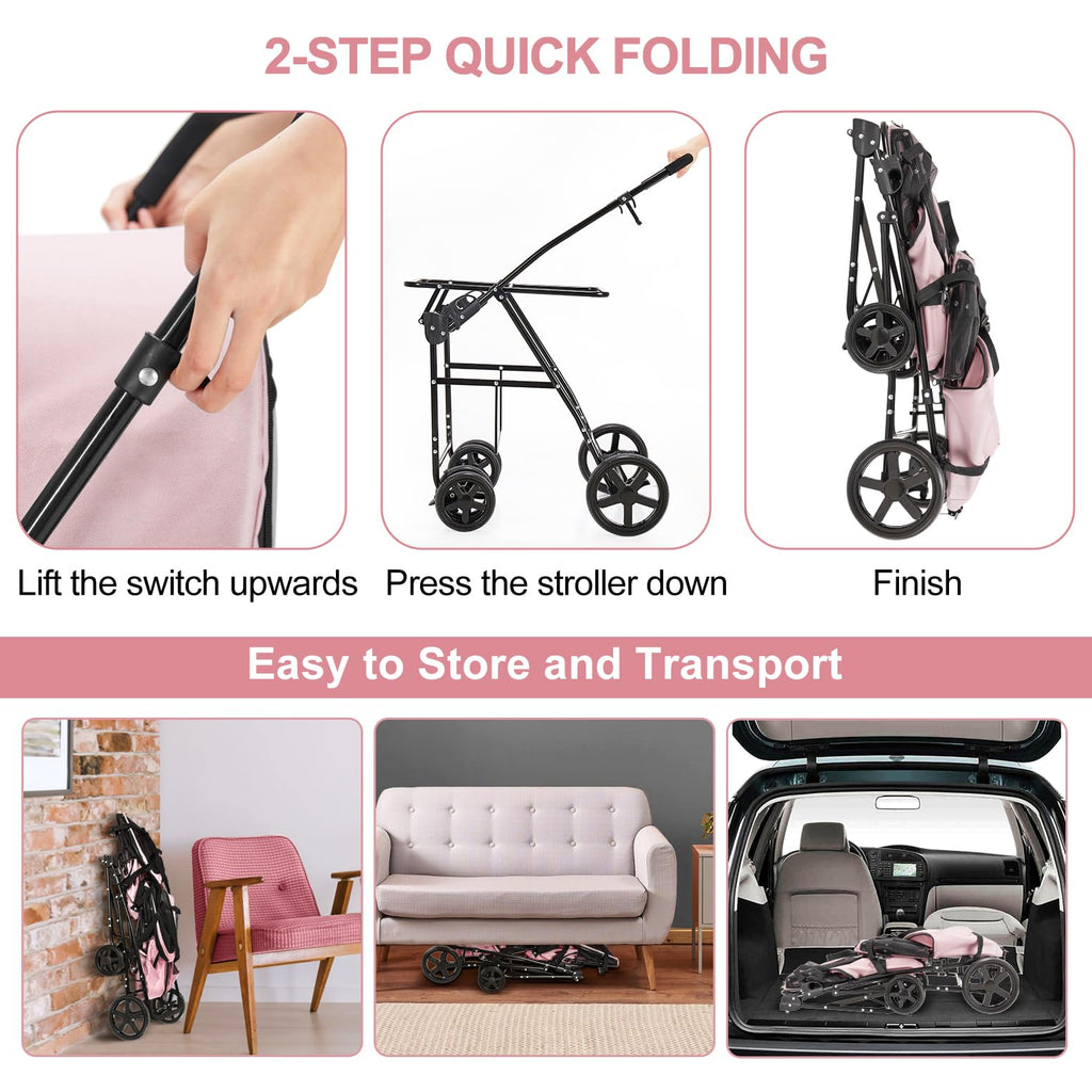 LPOTIUS Double Pet Stroller for Dogs and Cats with 2 Detachable Carrier, Quick-Folding Dog Stroller for Medium Small Dogs Cats, 4 Wheels, Light Pink