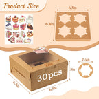 OAMCEG 30 Pack Cupcake Boxes with Window, 6x6x3 Inches Cookie Boxes, Bakery Treat Boxes for Pastry, Desserts, Chocolate Strawberries, Cupcake Containers, Gift Giving with Stickers & Twine （Brown）