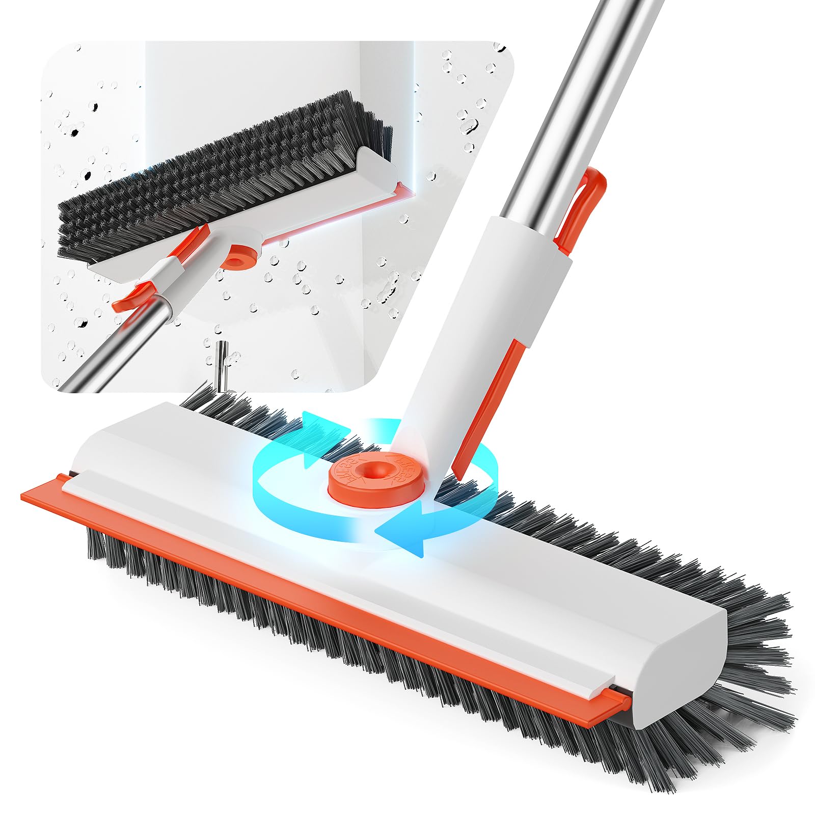 HelpX Floor Scrub Brush with Long Handle, 3 in 1 Scrape and Heavy-Duty Stiff Bristle Floor Scrubber Brush with Squeegee and Tweezer for Cleaning Tile Wall Deck (Orange and White)