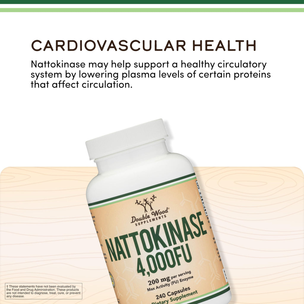 Nattokinase Supplement 4,000 FU Servings, 240 Capsules (Derived from Japanese Natto) Systemic Enzymes for Cardiovascular and Circulatory Support by Double Wood