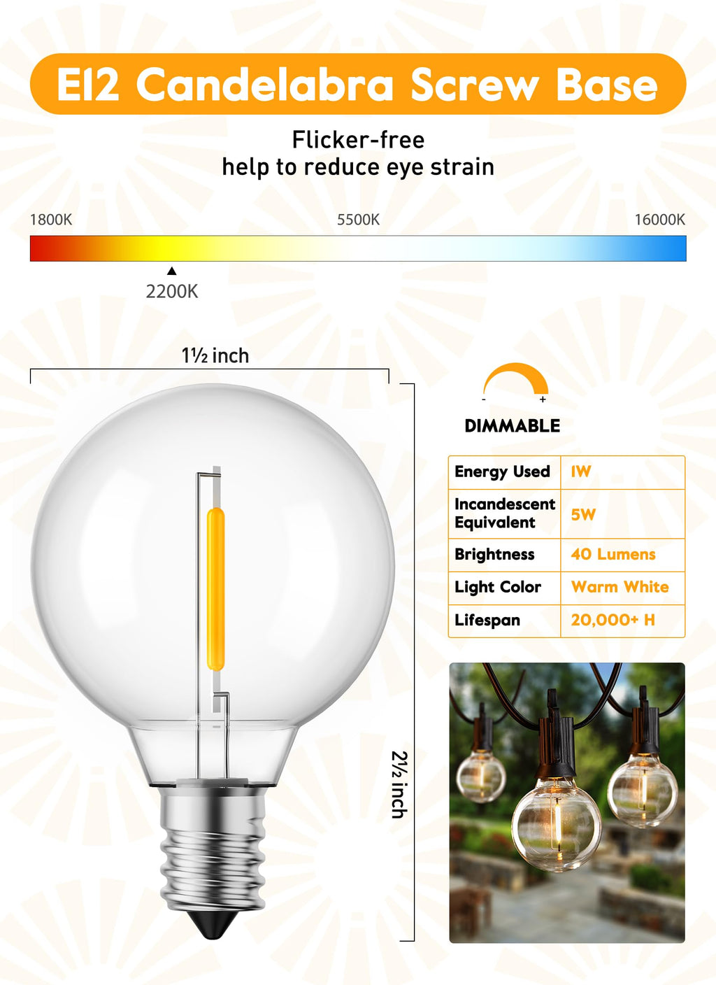 Brightown G40 Solar Replacement Bulbs, E12/C7 Candelabra Screw Base, 24V, 0.15W, 1.5 Inch Shatterproof Globe LED Bulbs for Outdoor String Lights, 2700K, Dimmable, Warm White, 25 Pack
