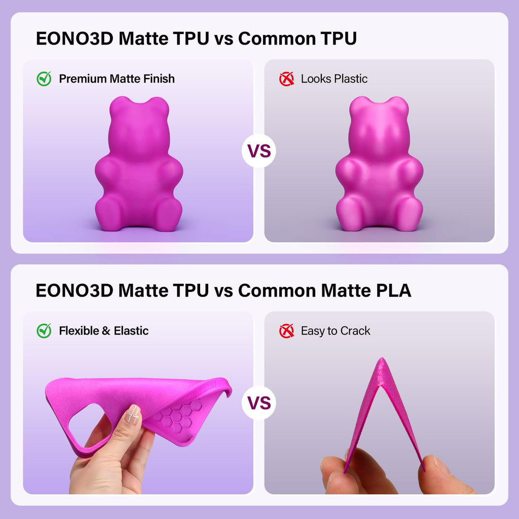 EONO3D Matte TPU Filament 1.75mm, 1kg - Shore 95A Flexible & Durable TPU, Matte Purple, Low-Gloss Matte Finish, Minimal Layer Lines, for Phone Cases, Wearables & Functional Parts