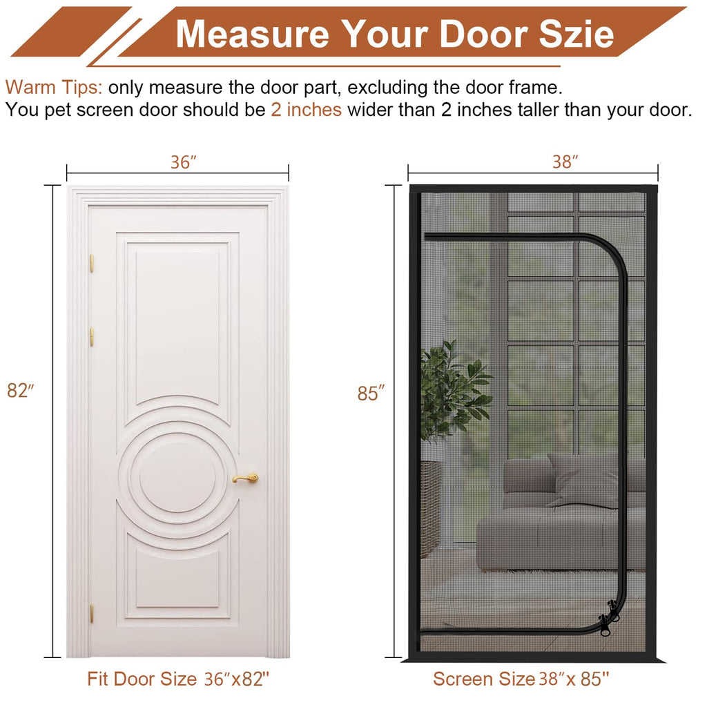 Upgraded Reinforced Pet Screen Door Thickened Cat Resistant Mesh Screen Door for Living Room, Bedroom, Patio, Dog Cat Scratch Proof Screen with Zipper Closure (Fits Door Size up to 36''x 82'', Black)