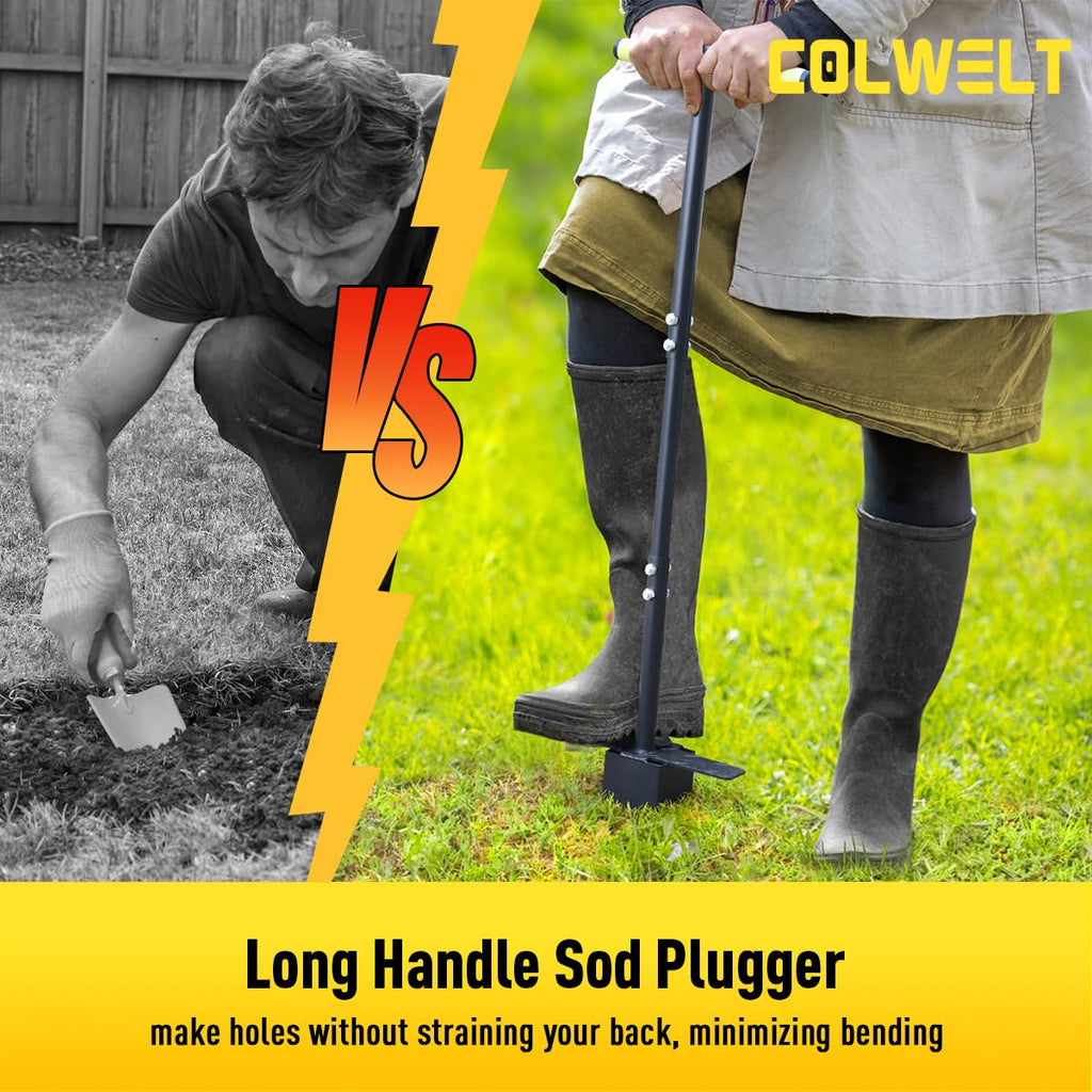 Colwelt Sod Plugger Tool 36-INCH, Grass Plug Tool 3 x 3 Square with Serrated Base, Bulb Planter Tool Long Handle with Dual Pedals & Easy Foot Ejector, Sod Turf Cutter for Lawn Planting Grass Repair