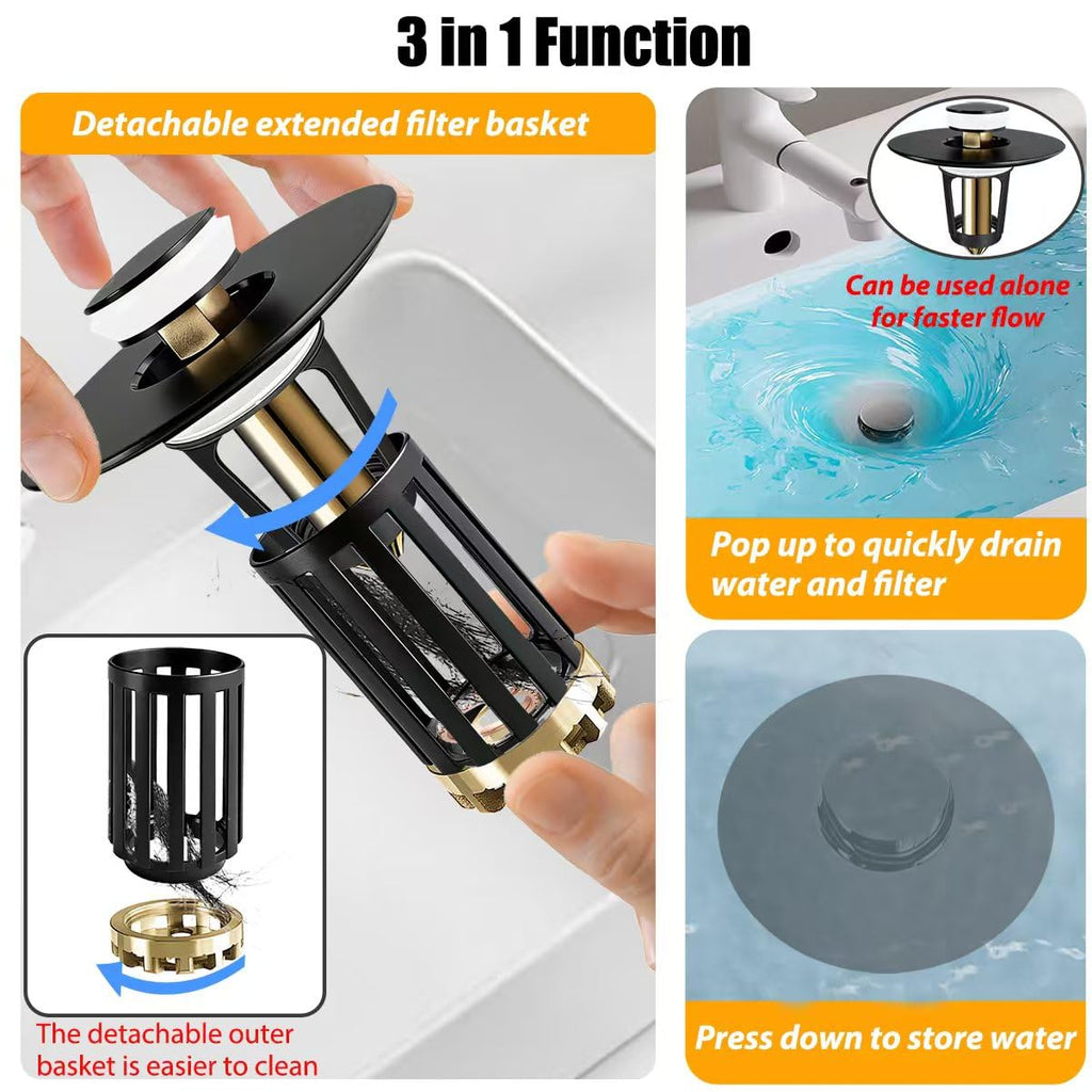 Anlige 3 in 1 Pop Up Bathroom Sink Stopper, Bathroom Sink Drain Strainer, with Removable Basket Hair Catcher, Universal Sink Plug Cover for 1.06 in to 1.6 in Drain, Matte Black