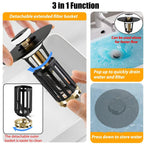 Anlige 3 in 1 Pop Up Bathroom Sink Stopper, Bathroom Sink Drain Strainer, with Removable Basket Hair Catcher, Universal Sink Plug Cover for 1.06 in to 1.6 in Drain, Matte Black