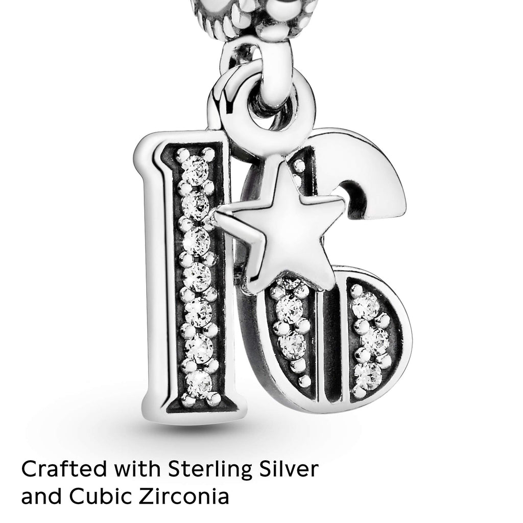 PANDORA 16th Celebration Dangle Charm - Bracelet Charm for PANDORA Moments Bracelets - Sterling Silver with Clear Cubic Zirconia - Gift for Her - Jewelry for Women with Gift Box