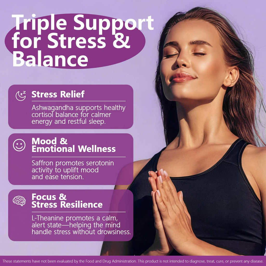 HyberVive Saffron Supplements with Ashwagandha & L-Theanine - 368.5MG - Mood Balance, Stress Relief & Mental Clarity – Cortisol Support for Women & Men, Made in USA, 90 Vegan Capsules