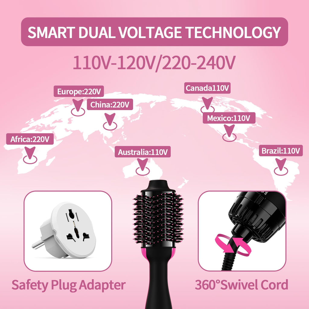 Dual Voltage Hair Dryer Brush with Negative Ion Anti-frizz Styler - Hot Air Volumizer for 110V-120V/220V-240V European and Travel Use